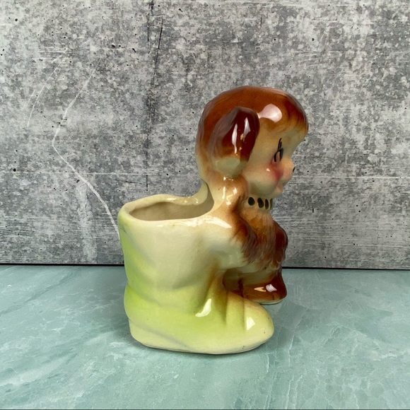 Puppy American Bisque Pottery Planter Green boot - Picture 2 of 8
